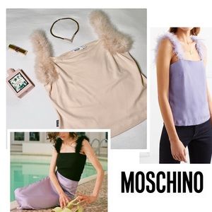 Moschino Jeans Y2K Vintage Ballet Pink Nude Feather Trim Straps Cami Tank Top